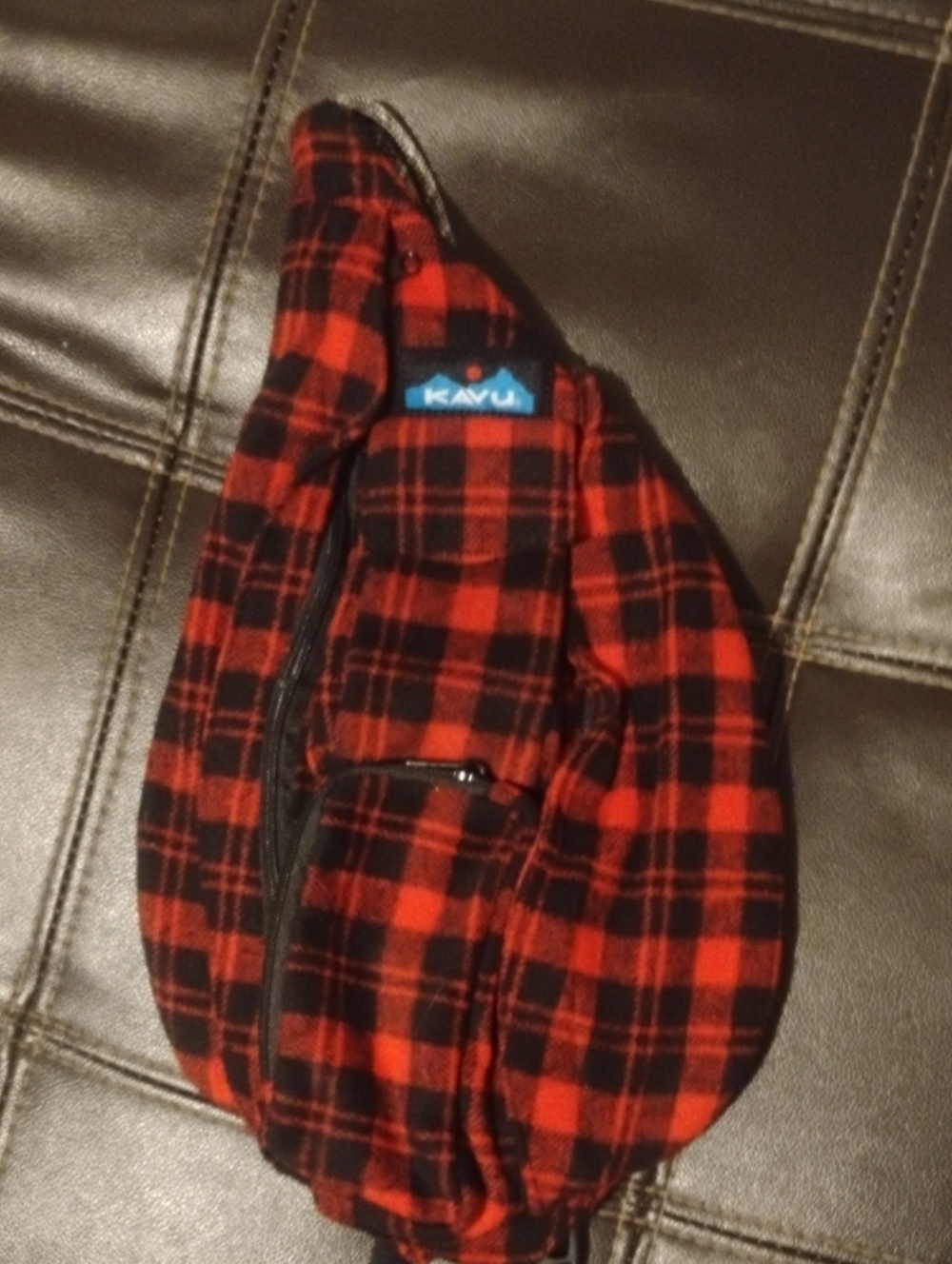 Kavu Red and Black Plaid Sling Rope Bag